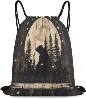 Abstract Forest Cabin Bear Drawstring Bag Gym Bag,Casual Knapsack Drawstring Backpack