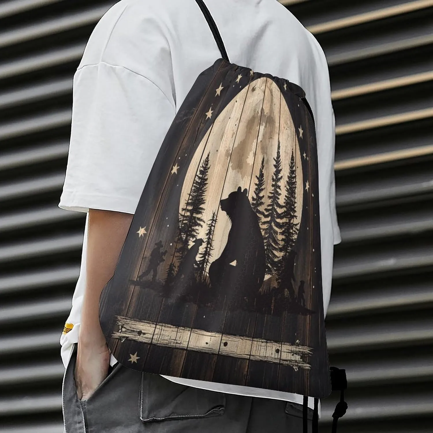 Abstract Forest Cabin Bear Drawstring Bag Gym Bag,Casual Knapsack Drawstring Backpack