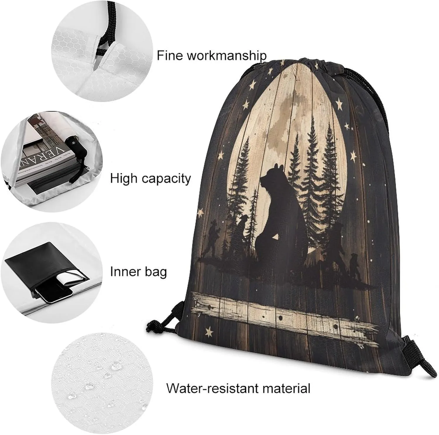 Abstract Forest Cabin Bear Drawstring Bag Gym Bag,Casual Knapsack Drawstring Backpack