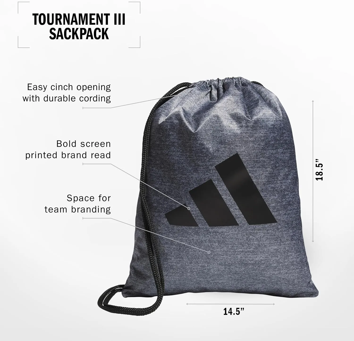 adidas Tournament 3.0 Sackpack Drawstring Bag Lightweight Backpack, Jersey Onix Grey/Black/3, One Size