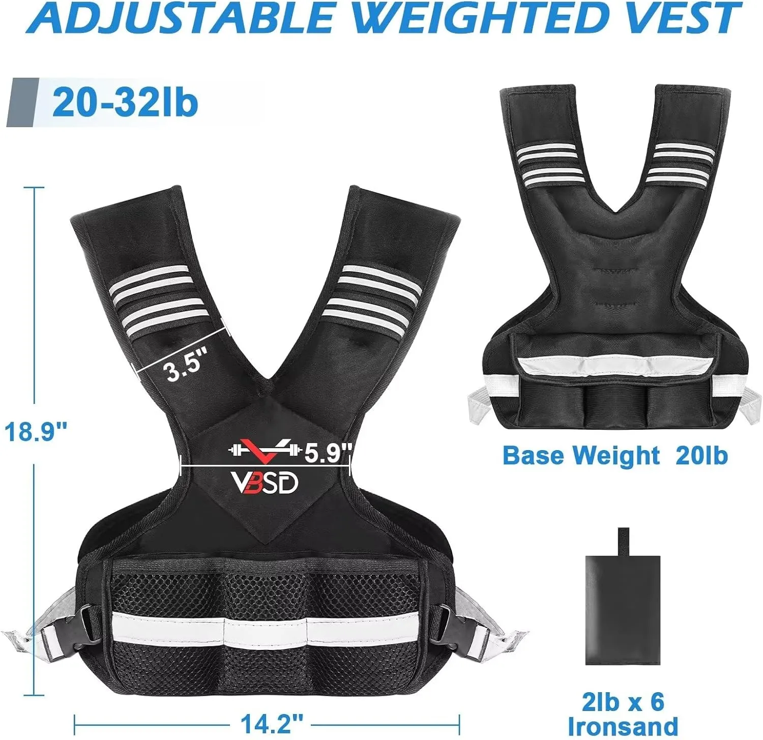 Adjustable Weighted Vest for Men Women, 4-10lb/11-20lb/20-32lb Vest with 6 Ironsand Weights, Body Weight Vest with Reflective Strip for Running, Walking, Strength Training, Workouts