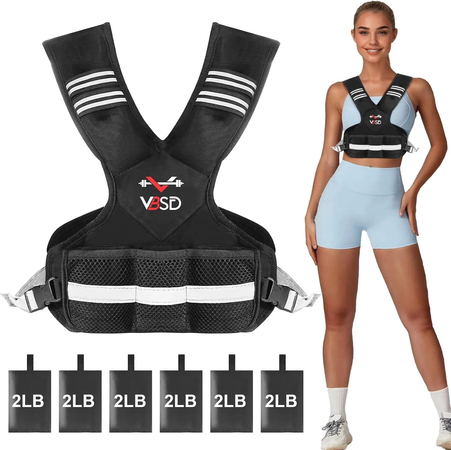 Adjustable Weighted Vest for Men Women, 4-10lb/11-20lb/20-32lb Vest with 6 Ironsand Weights, Body Weight Vest with Reflective Strip for Running, Walking, Strength Training, Workouts