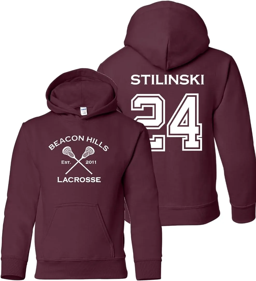 Adult Retro Stilinski 24 Beacon Hills Lacrosse 2-Sided Hoodie (X-Small, Maroon)