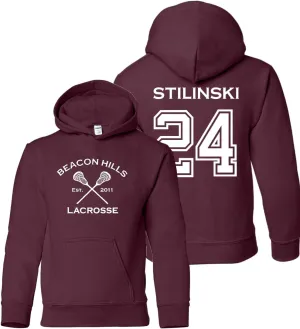 Adult Retro Stilinski 24 Beacon Hills Lacrosse 2-Sided Hoodie (X-Small, Maroon)