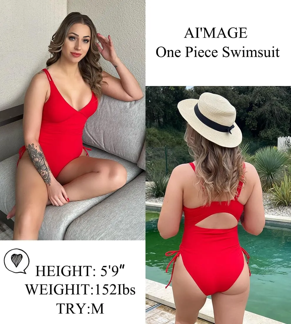 AI'MAGE Women's High Cut One Piece Swimsuit Ruched Tummy Control Swimsuits Ribbed Tie Side Bathing Suits