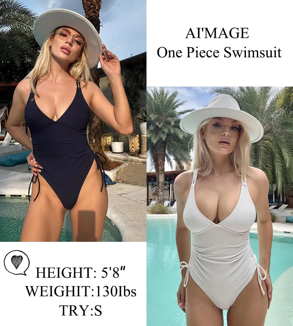 AI'MAGE Women's High Cut One Piece Swimsuit Ruched Tummy Control Swimsuits Ribbed Tie Side Bathing Suits
