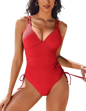 AI'MAGE Women's High Cut One Piece Swimsuit Ruched Tummy Control Swimsuits Ribbed Tie Side Bathing Suits