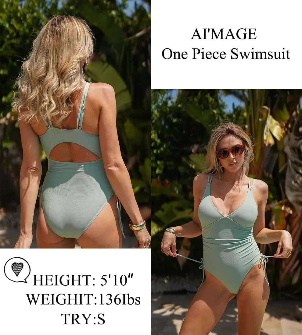 AI'MAGE Women's High Cut One Piece Swimsuit Ruched Tummy Control Swimsuits Ribbed Tie Side Bathing Suits