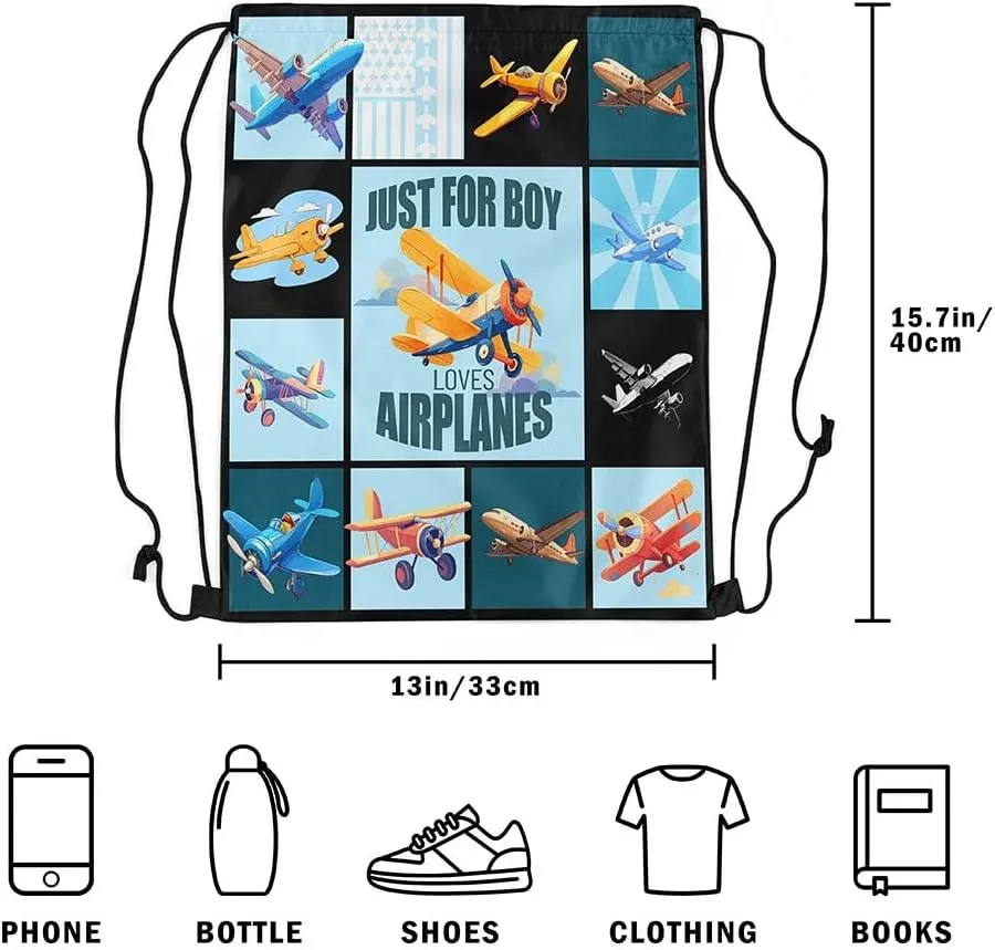 Airplane Drawstring Backpack 13x15.7, Cartoon Propeller Plane Foldable String Bag, Aircrafts Printed Sackpack For Sport Gym Camping, Aviation Theme Waterproof Cinch Bags