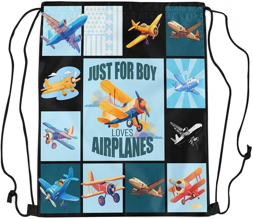 Airplane Drawstring Backpack 13x15.7, Cartoon Propeller Plane Foldable String Bag, Aircrafts Printed Sackpack For Sport Gym Camping, Aviation Theme Waterproof Cinch Bags
