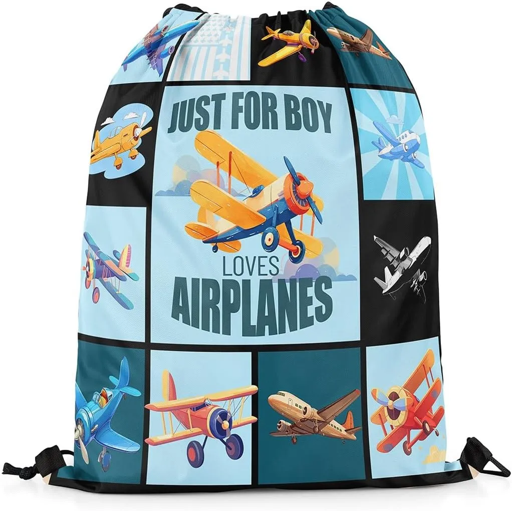 Airplane Drawstring Backpack 13x15.7, Cartoon Propeller Plane Foldable String Bag, Aircrafts Printed Sackpack For Sport Gym Camping, Aviation Theme Waterproof Cinch Bags