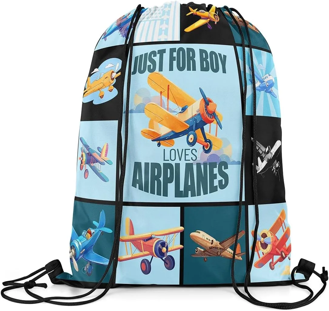 Airplane Drawstring Backpack 13x15.7, Cartoon Propeller Plane Foldable String Bag, Aircrafts Printed Sackpack For Sport Gym Camping, Aviation Theme Waterproof Cinch Bags