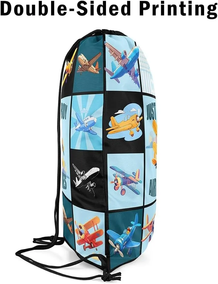 Airplane Drawstring Backpack 13x15.7, Cartoon Propeller Plane Foldable String Bag, Aircrafts Printed Sackpack For Sport Gym Camping, Aviation Theme Waterproof Cinch Bags