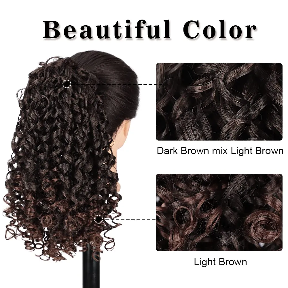 AISI BEAUTY Curly Ponytail Extension Dark Auburn Mix Drawstring Ponytails for Black Women Synthetic Pony Tail Hair Extensions Curly Ponytail with 2 Clips(Dark Auburn Mixed)