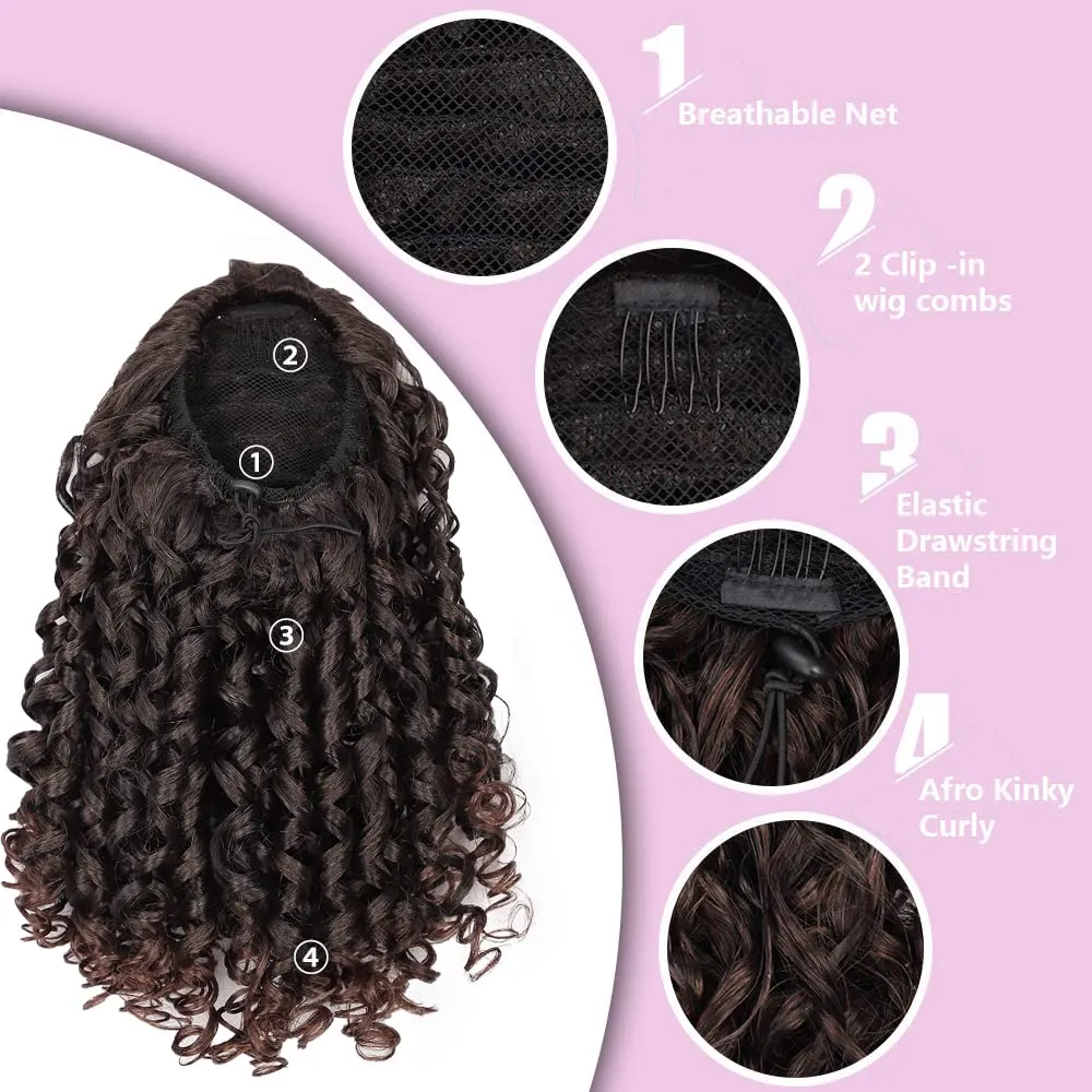 AISI BEAUTY Curly Ponytail Extension Dark Auburn Mix Drawstring Ponytails for Black Women Synthetic Pony Tail Hair Extensions Curly Ponytail with 2 Clips(Dark Auburn Mixed)