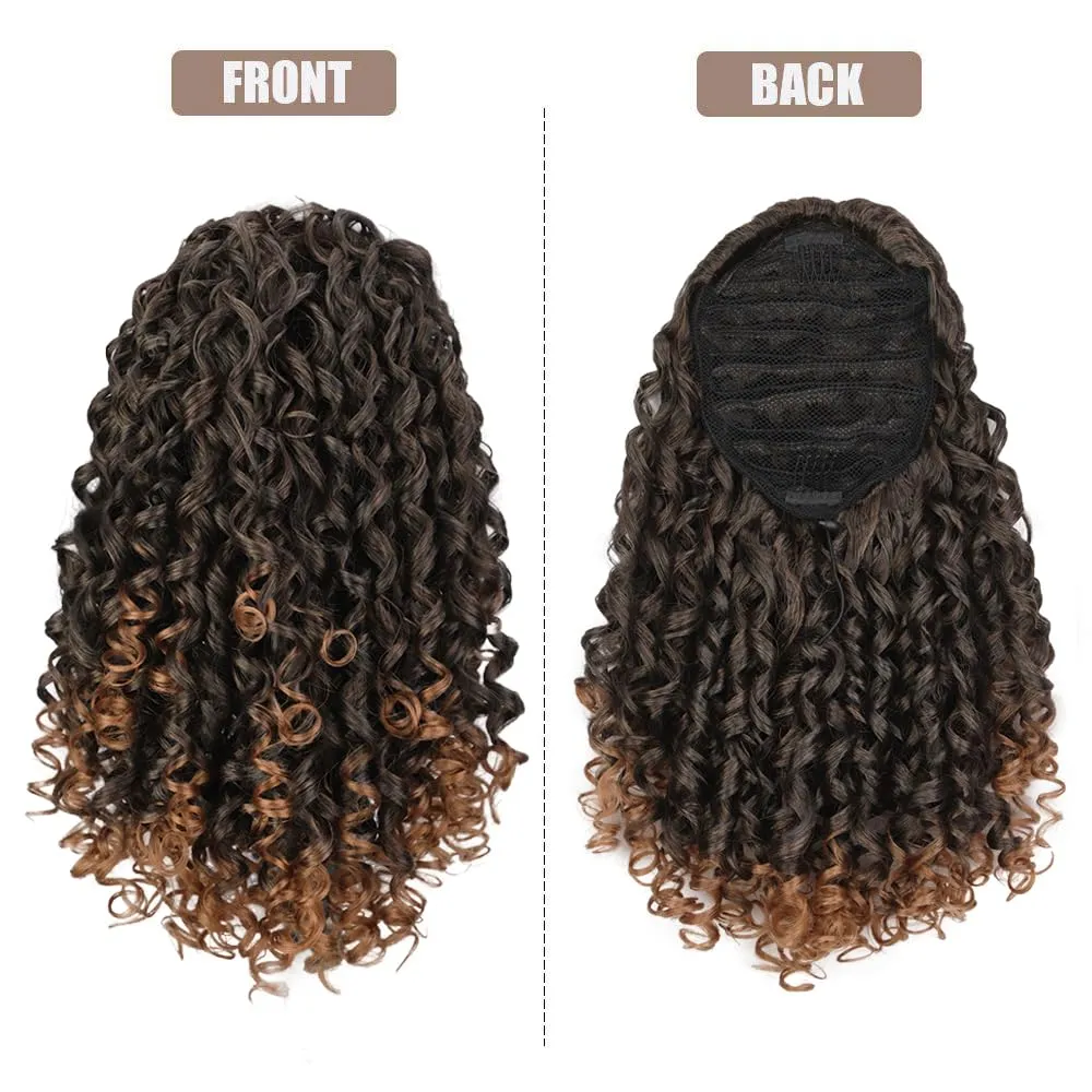 AISI BEAUTY Curly Ponytail Extension for Black Women Drawstring Ponytail Hair Extensions 14 Inch Synthetic Pony Tail Mix Brown Fake Ponytail with 2 Clips in(Mix Brown to Brown)