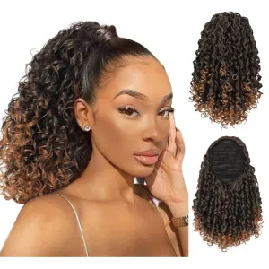 AISI BEAUTY Curly Ponytail Extension for Black Women Drawstring Ponytail Hair Extensions 14 Inch Synthetic Pony Tail Mix Brown Fake Ponytail with 2 Clips in(Mix Brown to Brown)