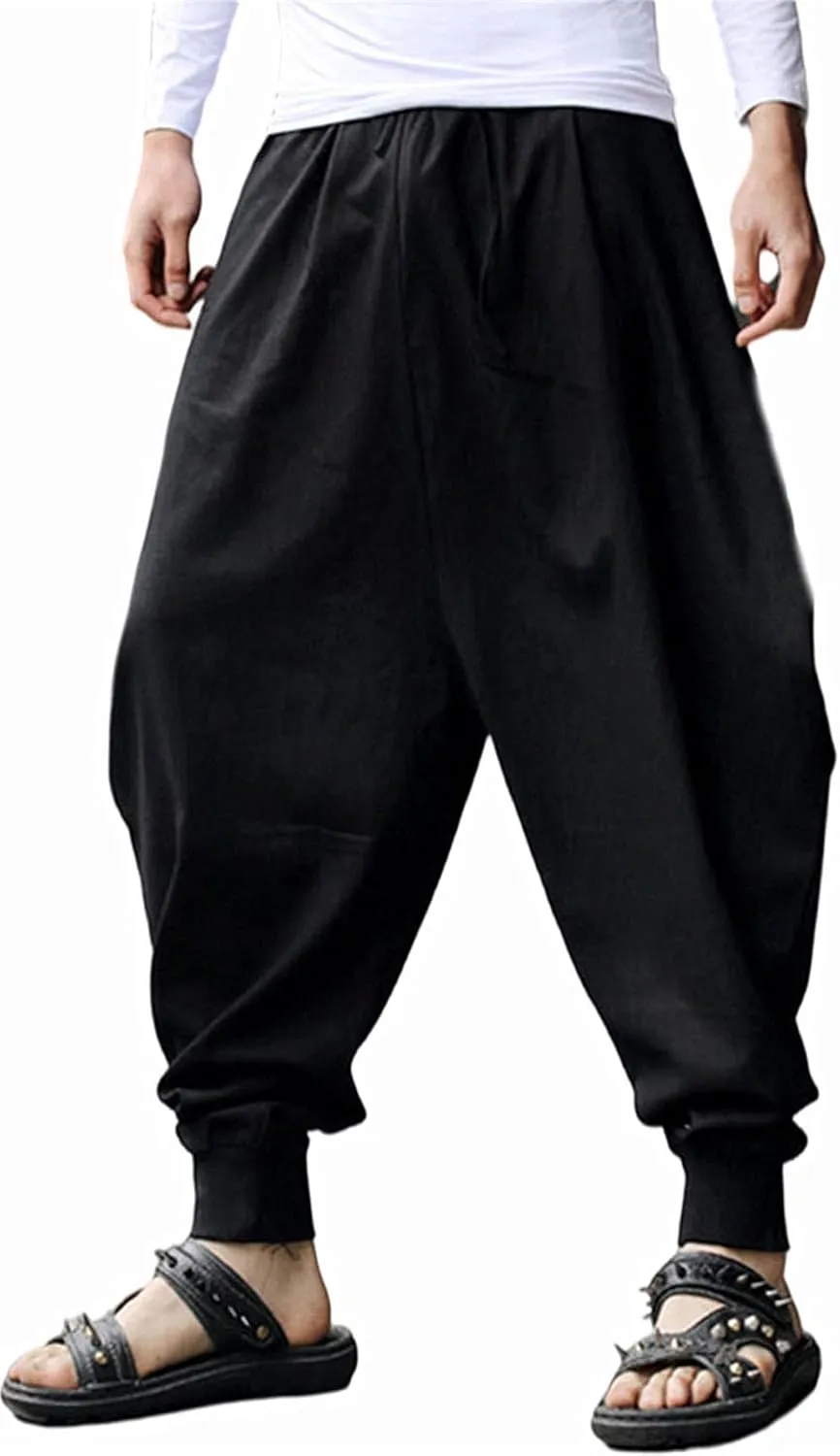 AITFINEISM Men's Drawstring Aladdin Hippie Harem Pants Loose Drop Crotch Trousers