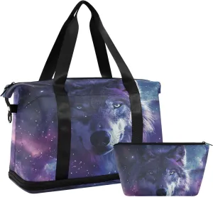 ALAZA Wolf Galaxy Space Travel Duffel Bag for Women Men Sports Gym Bag with Shoe Compartment Tote Weekender Overnight Bag with Wet Pocket for Travel, Gym,Yoga,Swimming