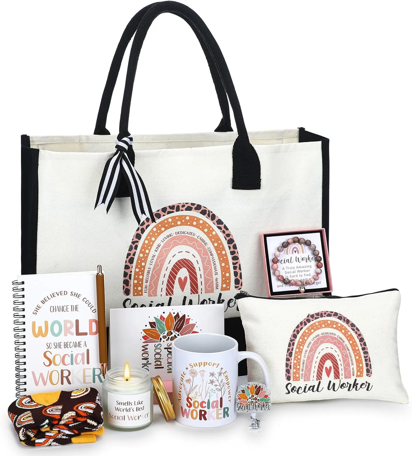 Aliceset 10 Pcs Social Worker Appreciation Gifts Set Include Coffee Mug Candle Canvas Tote Bag Cosmetic Bag Bracelet Badge Holder Socks Notebook Ballpoint Pen Gift Card for BSW MSW DSW Volunteer Gift