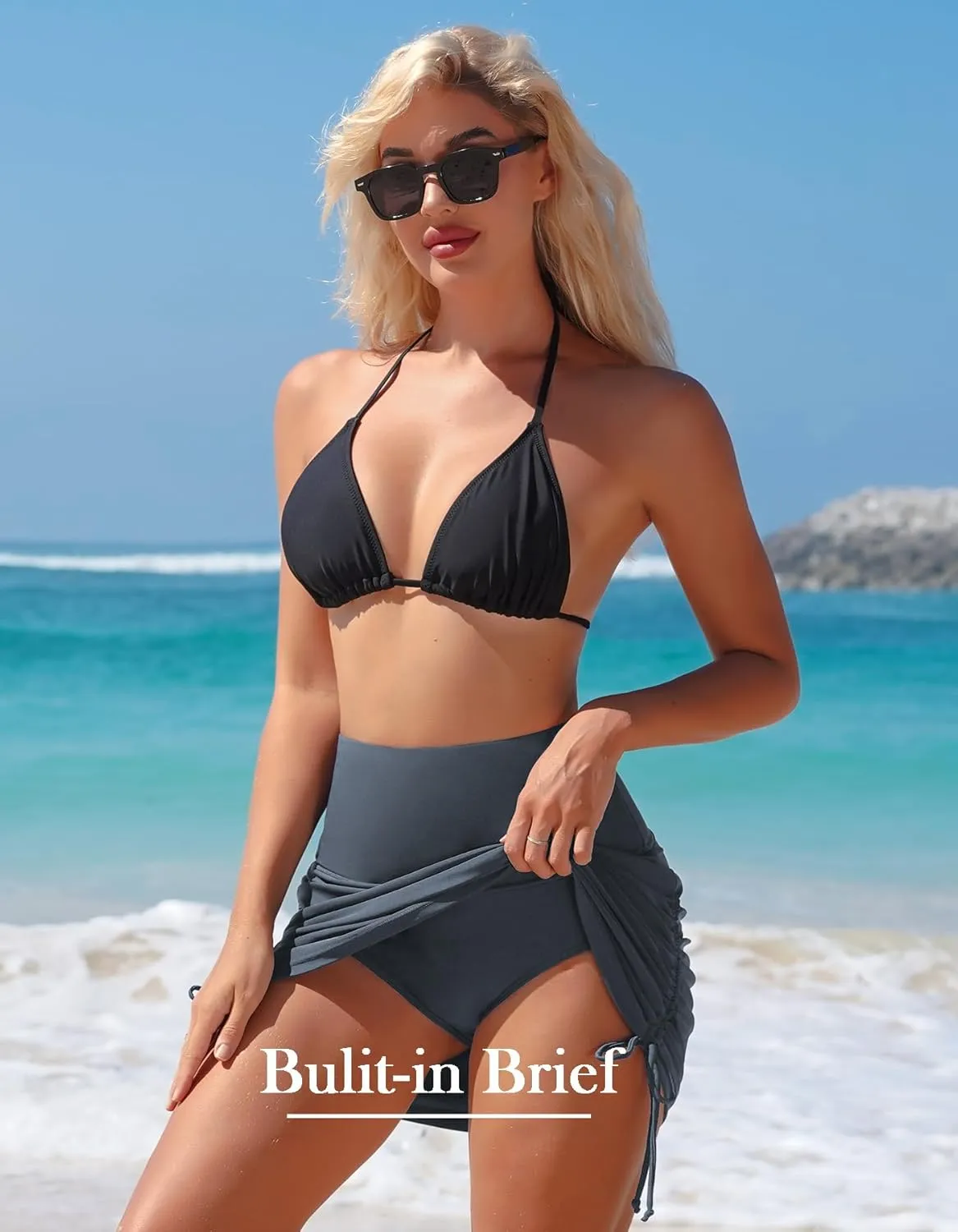 ALove Womens High Waisted Drawstring Swim Skirts Ruched Tummy Control Swimsuit Bottoms