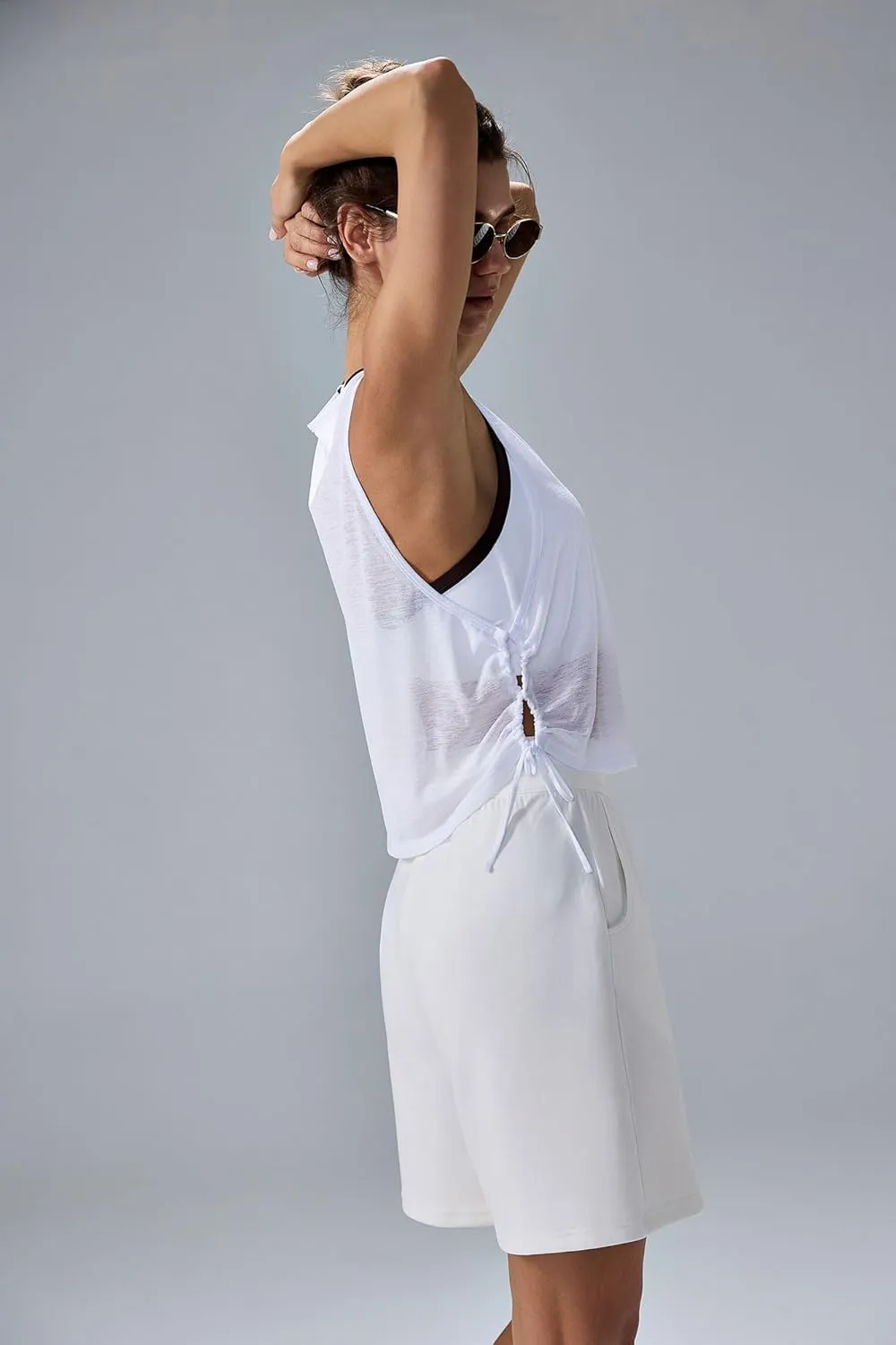 altiland Ultra-Light Sheer Slub Workout Tank Top for Woman, Drawstring Side Cropped Athletic Yoga Running Layering Tops