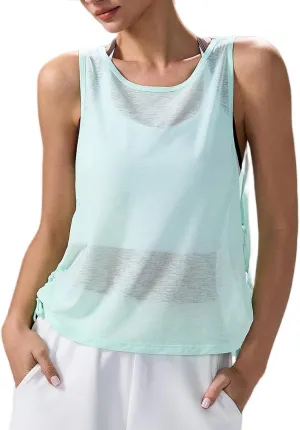 altiland Ultra-Light Sheer Slub Workout Tank Top for Woman, Drawstring Side Cropped Athletic Yoga Running Layering Tops