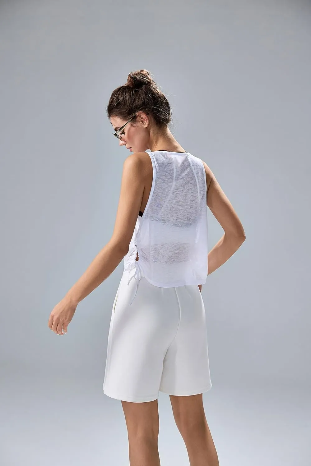 altiland Ultra-Light Sheer Slub Workout Tank Top for Woman, Drawstring Side Cropped Athletic Yoga Running Layering Tops