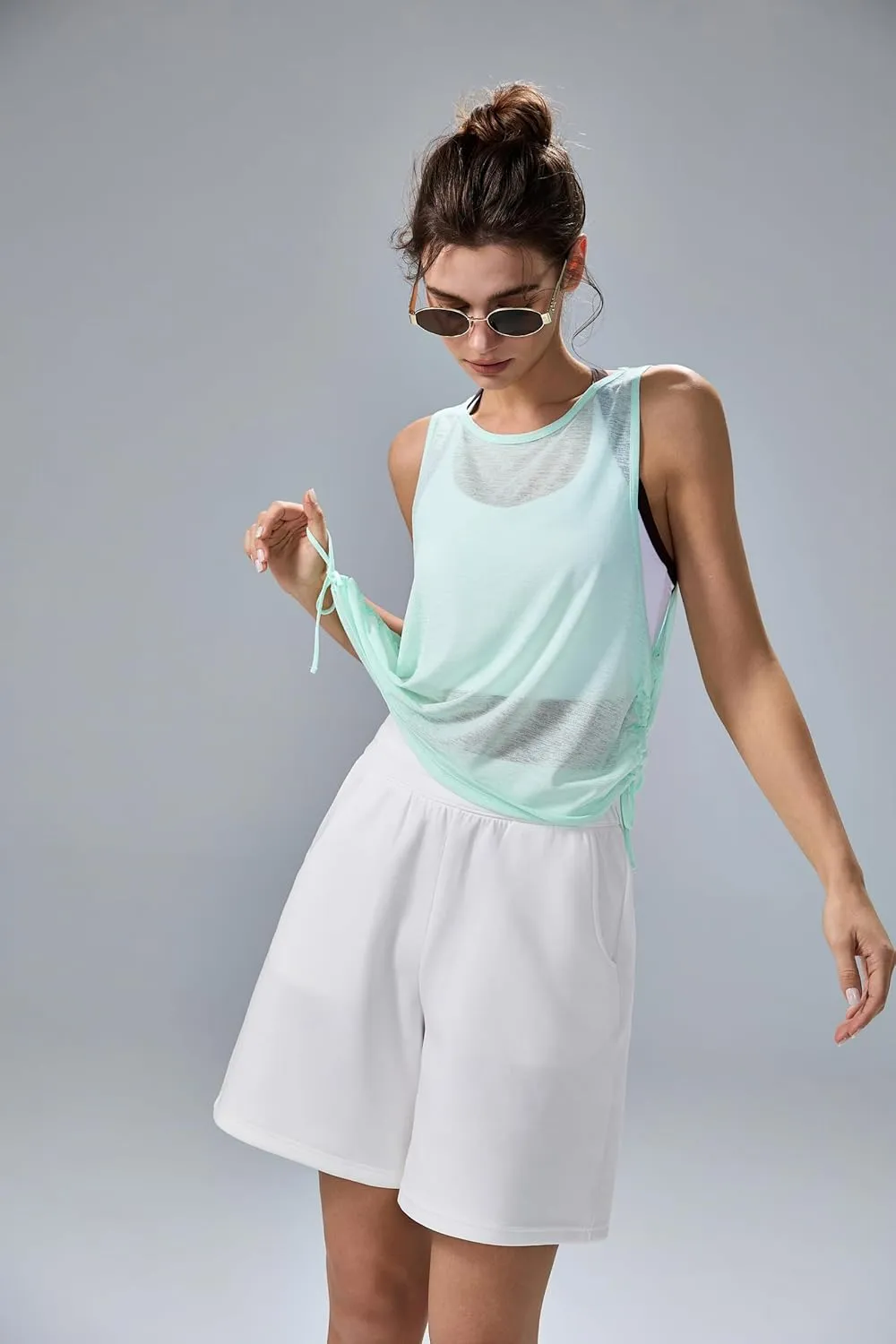 altiland Ultra-Light Sheer Slub Workout Tank Top for Woman, Drawstring Side Cropped Athletic Yoga Running Layering Tops