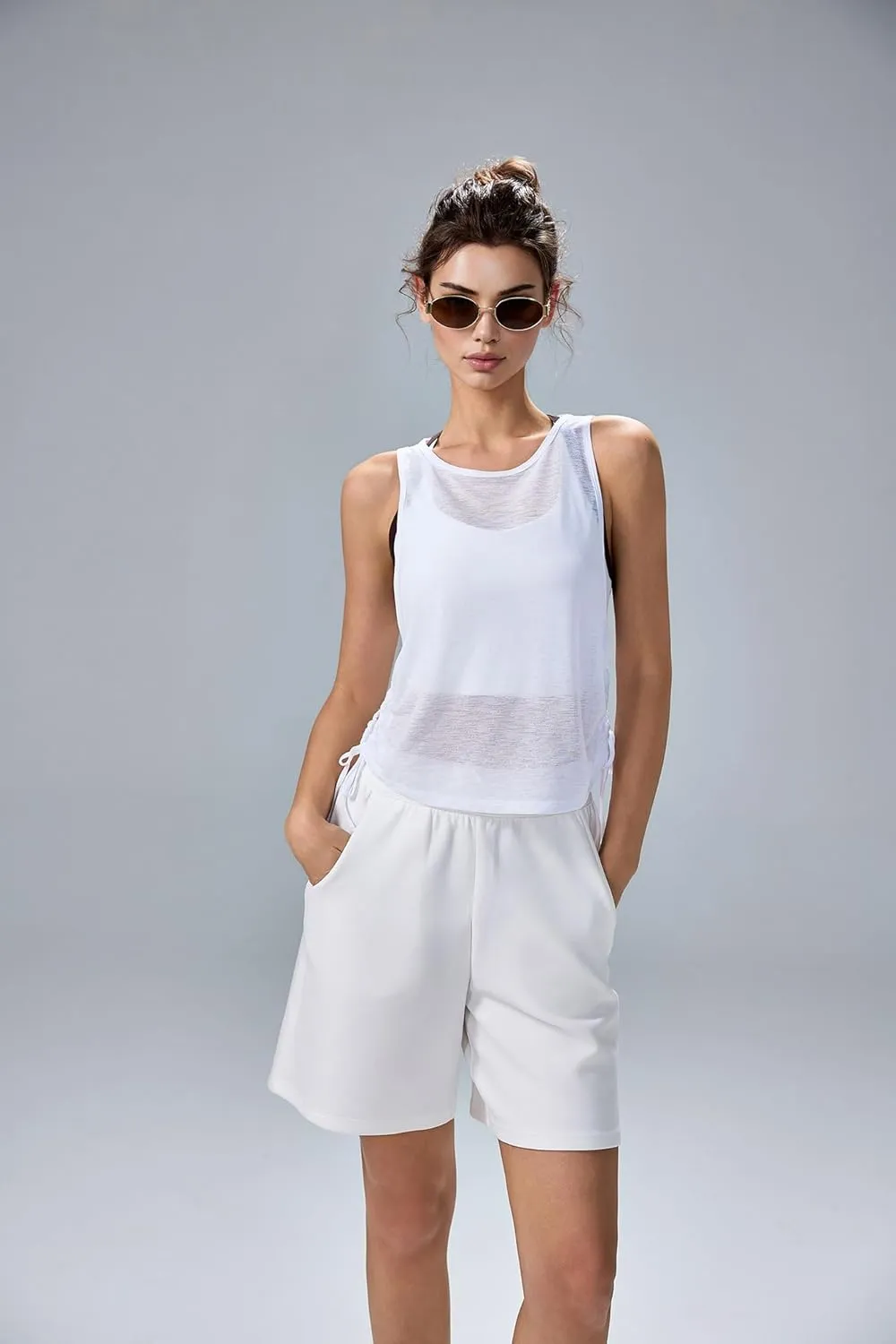 altiland Ultra-Light Sheer Slub Workout Tank Top for Woman, Drawstring Side Cropped Athletic Yoga Running Layering Tops
