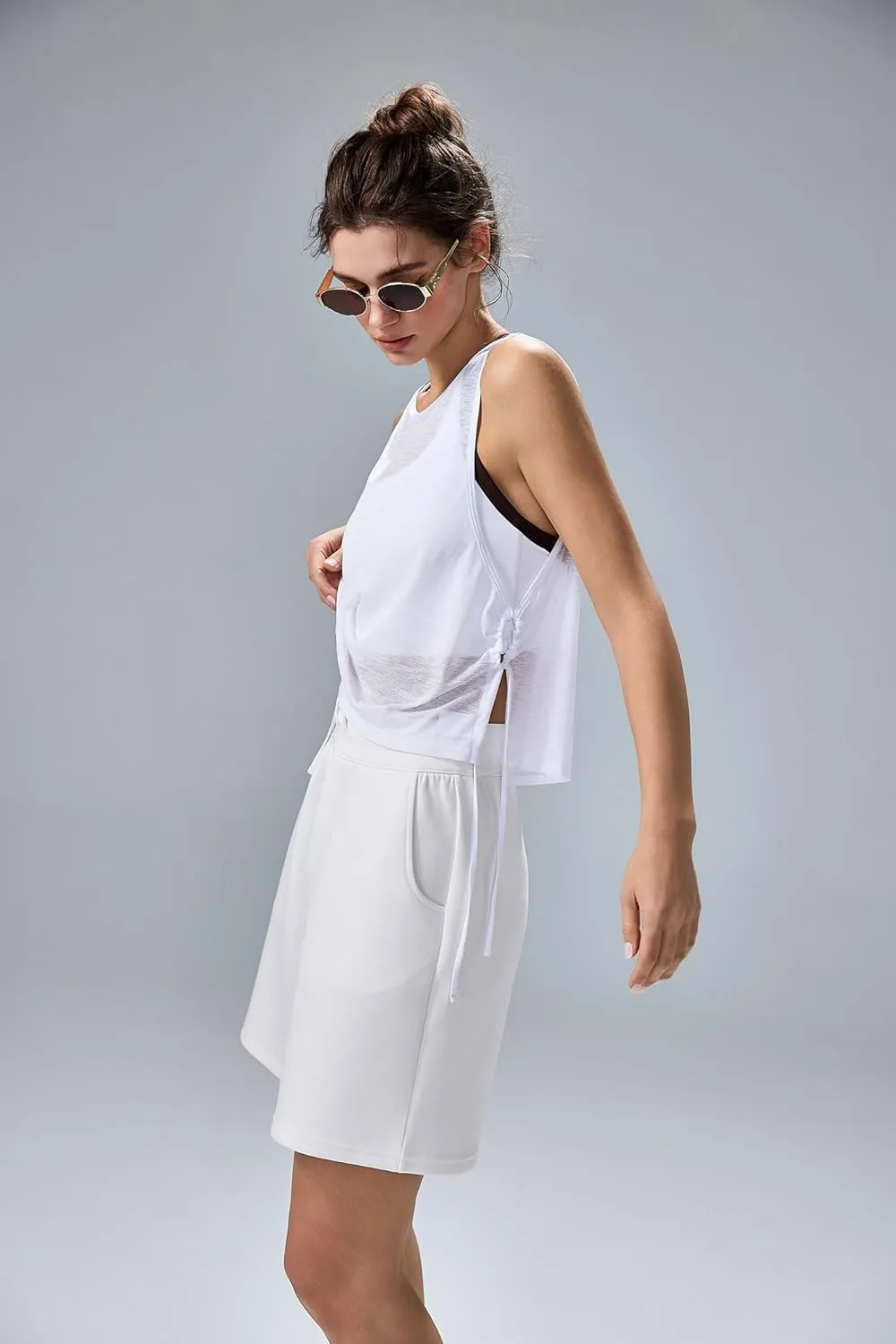 altiland Ultra-Light Sheer Slub Workout Tank Top for Woman, Drawstring Side Cropped Athletic Yoga Running Layering Tops