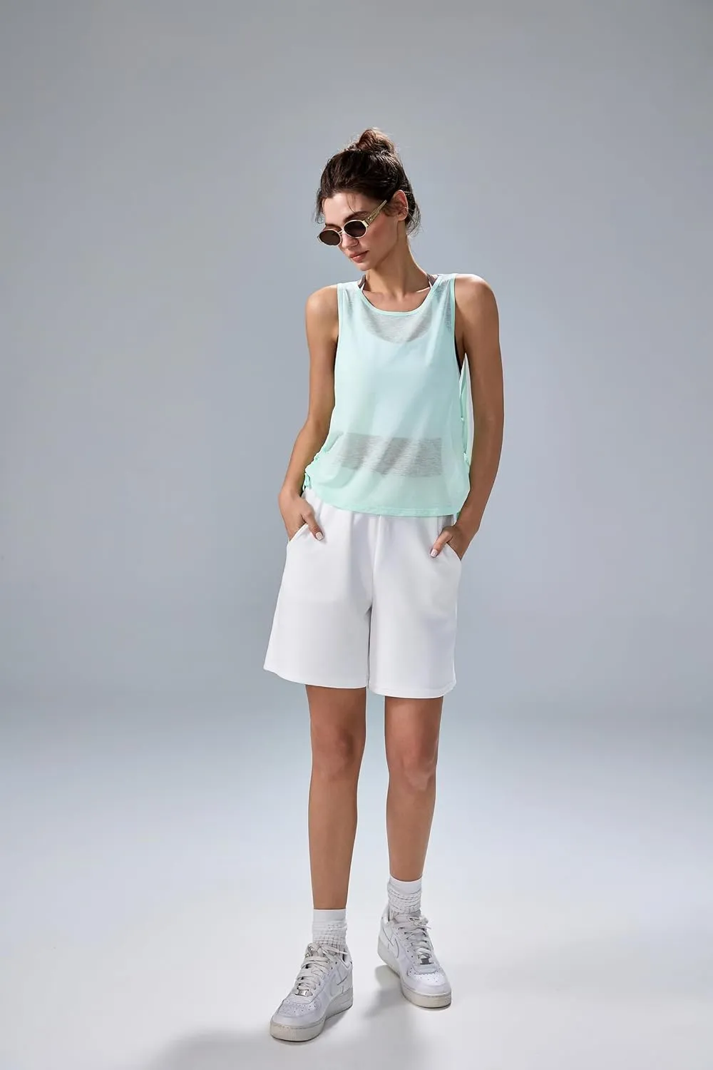 altiland Ultra-Light Sheer Slub Workout Tank Top for Woman, Drawstring Side Cropped Athletic Yoga Running Layering Tops