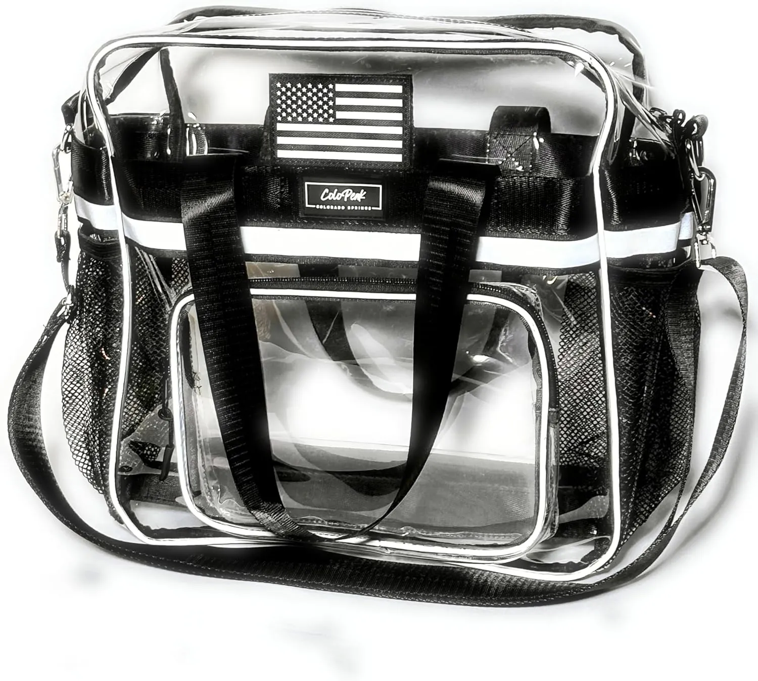 Amazonian 2.0, 12x6x12, Reflective Heavy Duty Clear Bag for Work, Reinforced Bottom, 6 Pockets Crossbody Stadium Tote, Adjustable Strap, TSA Approved Underseater Travel Bag