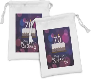 Ambesonne 70th Birthday Fabric Pouch Set of 2, Cartoon Style Birthday Party Delicious Yummy Cake Abstract Backdrop, Small Drawstring Bag for Toiletries Masks and Favors, 9" x 6", Purple and Lilac