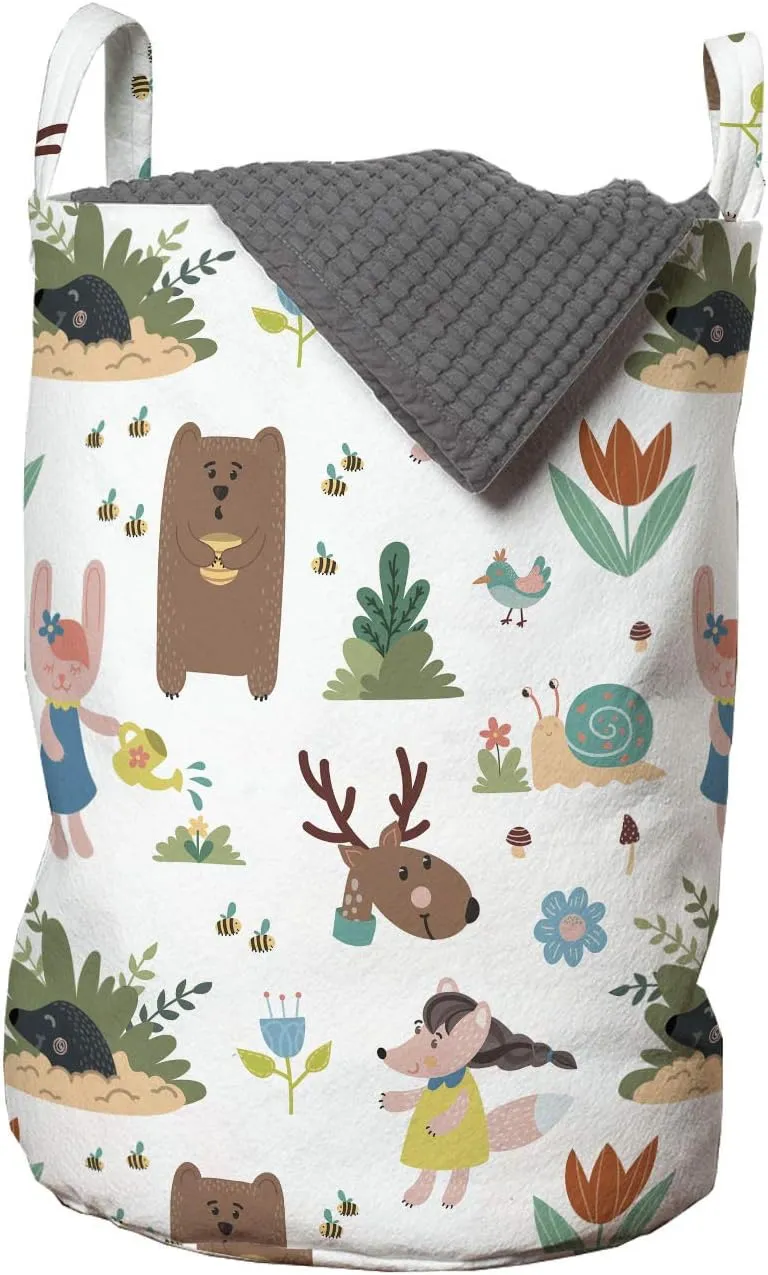 Ambesonne Animal Laundry Bag, Funny Adventure in Woodland Themed Happy Deer Mole and Leafy Flowers Huddle Pattern, Hamper Basket with Handles Drawstring Closure for Laundromats, 13" x 19", Multicolor