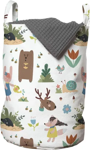 Ambesonne Animal Laundry Bag, Funny Adventure in Woodland Themed Happy Deer Mole and Leafy Flowers Huddle Pattern, Hamper Basket with Handles Drawstring Closure for Laundromats, 13" x 19", Multicolor