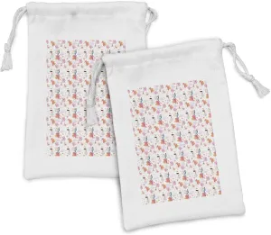 Ambesonne Ballerina Fabric Pouch Set of 2, Unicorn with Mane Ballet Dancer Vibirnum Leaves and Winged Elf Playing the Lyre, Small Drawstring Bag for Toiletries Masks and Favors, 9" x 6", Multicolor