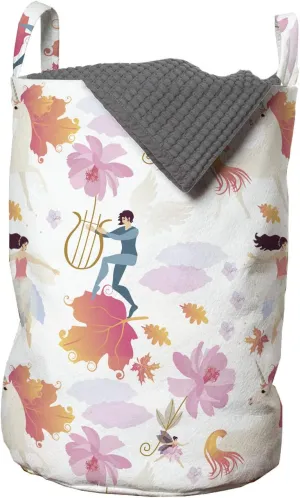 Ambesonne Ballerina Laundry Bag, Unicorn with Mane Ballet Dancer Vibirnum Leaves and Winged Elf Playing The Lyre, Hamper Basket with Handles Drawstring Closure for Laundromats, 13" x 19", Multicolor