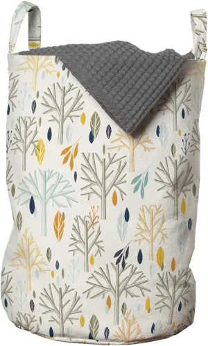 Ambesonne Botanical Laundry Bag, Rhythmic Design Abstract Trees Leaves Twigs Pattern on Muted Backdrop, Hamper Basket with Handles Drawstring Closure for Laundromats, 13" x 19", Eggshell Multicolor