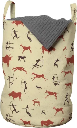 Ambesonne Deer Hunting Laundry Bag, Prehistoric Bull Chasing Aboriginal Archery Pattern, Hamper Basket with Handles Drawstring Closure for Laundromats, 13" x 19", Beige Burnt Orange