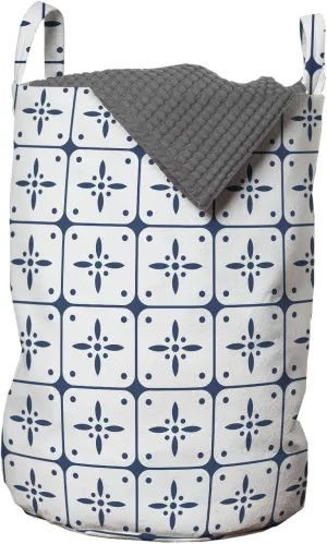 Ambesonne Dutch Laundry Bag, Classical Holland Delft Pattern with Checkered Squares with Flower Motifs, Hamper Basket with Handles Drawstring Closure for Laundromats, 13" x 19", Dark Blue and White