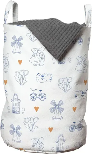 Ambesonne Dutch Laundry Bag, Traditional Holland Culture Elements with Doodle Style Clogs Bicycles, Hamper Basket with Handles Drawstring Closure for Laundromats, 13" x 19", Navy Blue Orange