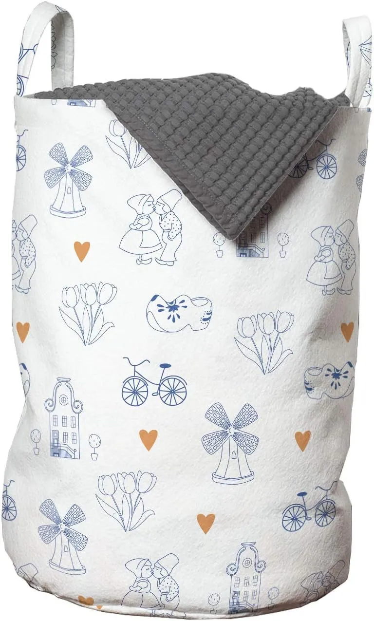 Ambesonne Dutch Laundry Bag, Traditional Holland Culture Elements with Doodle Style Clogs Bicycles, Hamper Basket with Handles Drawstring Closure for Laundromats, 13" x 19", Navy Blue Orange
