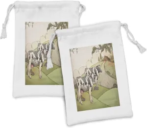 Ambesonne Farm Animal Fabric Pouch Set of 2, Vintage Agriculture Illustration of Dairy Cows at Countryside Livestock, Small Drawstring Bag for Toiletries Masks and Favors, 9" x 6", Multicolor