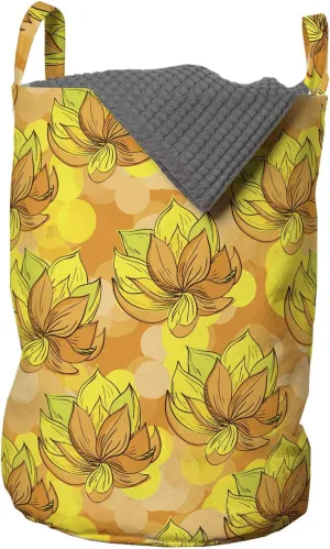 Ambesonne Floral Laundry Bag, Rhythmic Lotus Like Flowers in Romantic Tangerine Tones Pattern, Hamper Basket with Handles Drawstring Closure for Laundromats, 13" x 19", Pale Orange Yellow Green