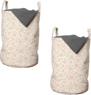 Ambesonne Flower Laundry Bag Pack of 2, Vintage Old Fashioned Floral Pattern Silhouettes Briar Shrubs Roses Retro, Hamper Basket with Handles Drawstring Closure, 13" x 19", Rose Pale Green White