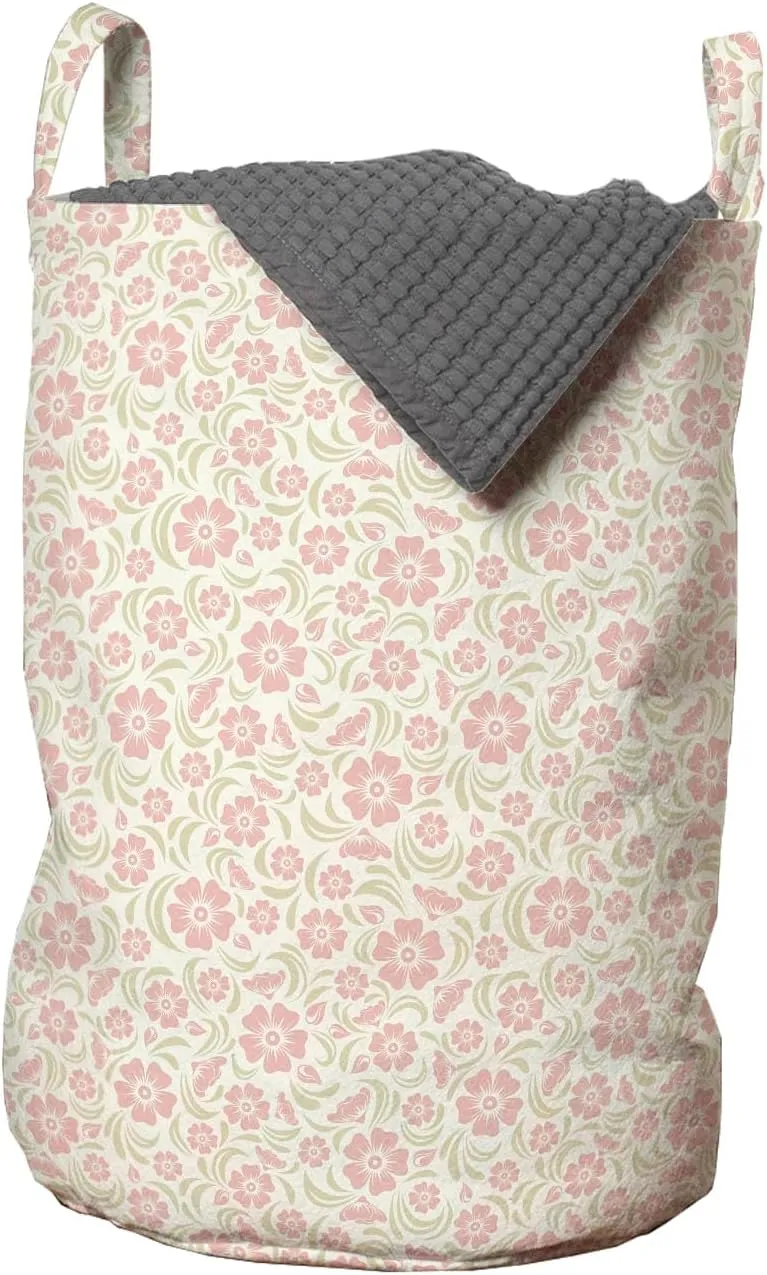 Ambesonne Flower Laundry Bag Pack of 2, Vintage Old Fashioned Floral Pattern Silhouettes Briar Shrubs Roses Retro, Hamper Basket with Handles Drawstring Closure, 13" x 19", Rose Pale Green White