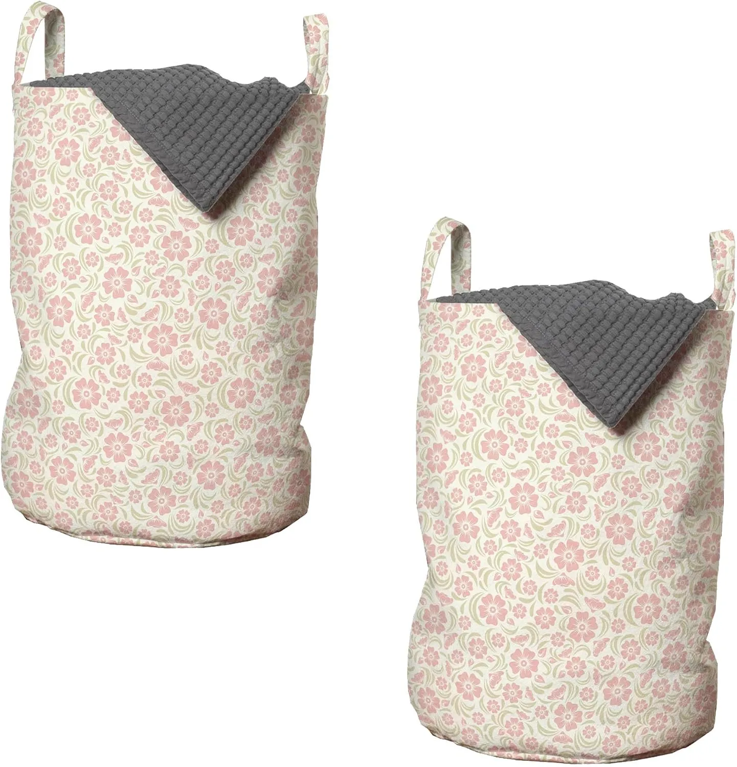 Ambesonne Flower Laundry Bag Pack of 2, Vintage Old Fashioned Floral Pattern Silhouettes Briar Shrubs Roses Retro, Hamper Basket with Handles Drawstring Closure, 13" x 19", Rose Pale Green White