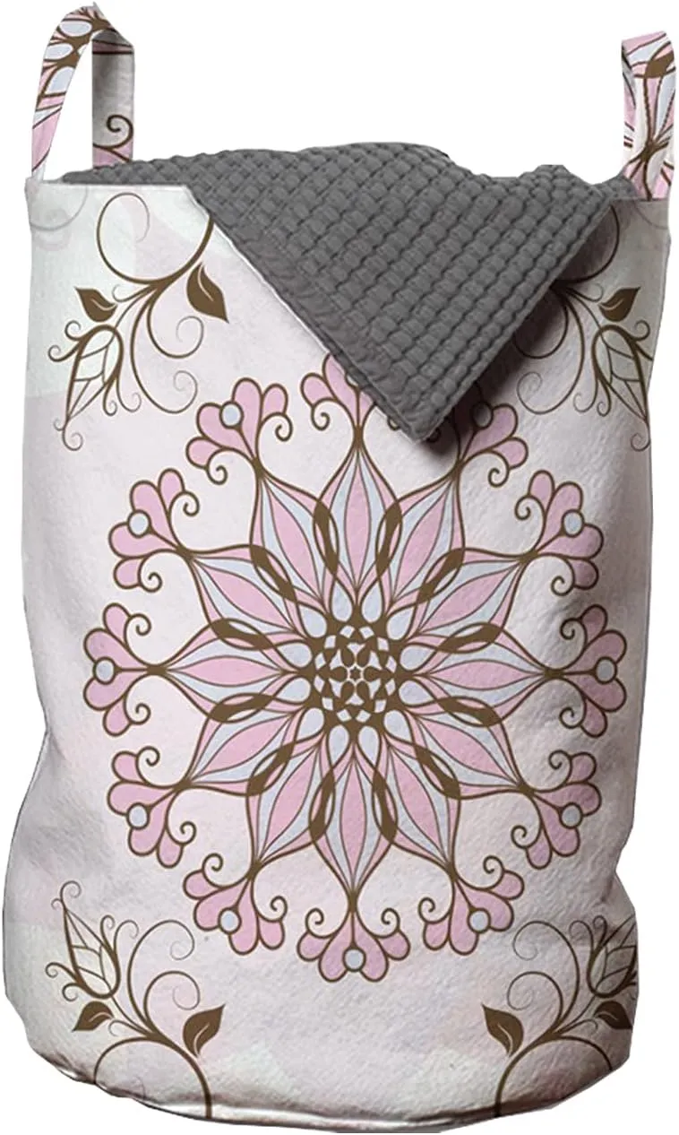 Ambesonne Foliage Laundry Bag, Victorian Style of Floral Design Stripes Ivy Branches and Petals, Hamper Basket with Handle Drawstring Closure for Laundromats, 13" x 19", Pale Rose Ivory