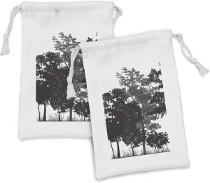 Ambesonne Forest Fabric Pouch Set of 2, Tree Silhouettes and Bushes in Monochrome Retro Colors Deciduous Growth, Small Drawstring Bag for Toiletries Masks and Favors, 9" x 6", Black Grey White